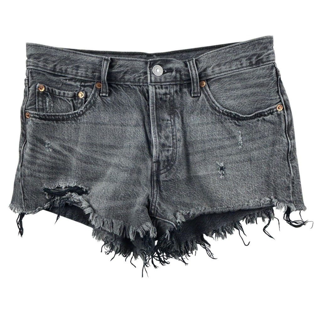 Levi's 501 High Rise Cutoff‎ Shorts 28 Black Rigid Denim Distressed Button Fly